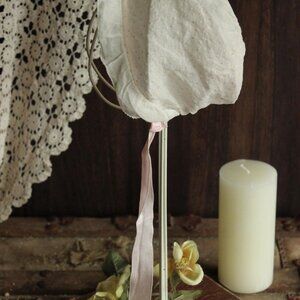 Vintage 1950s 1960s Baby Bonnet, Lace Trim, Infant Hat with Ribbon Ties and Swis